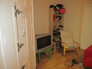 big-ish TV, pretty nice except there are no windows. just doors.