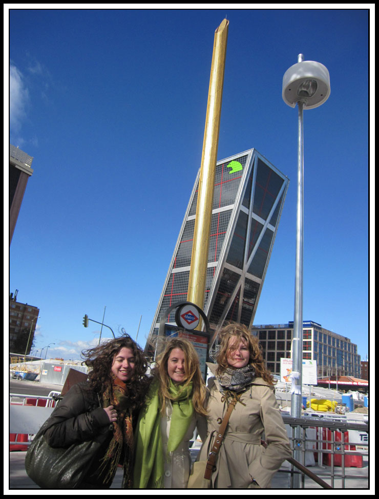 Genny, Maureen, and Emily in front of the Plaza de Castilla in Madrid plaza-de-castilla