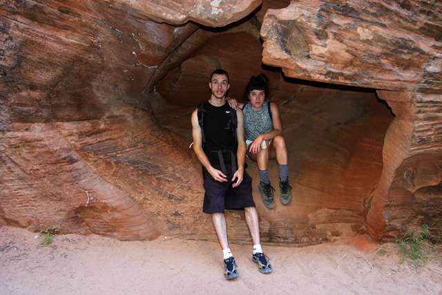 My sister Rachel and I, resting in an alcove after the hike--the terror of the flash